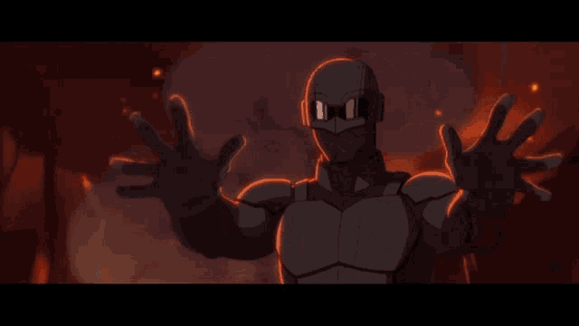 a man in a black suit is standing in front of a fire with his hands on his hips