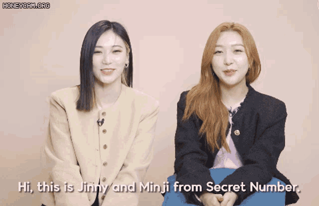 two girls are sitting next to each other with the words " hi this is jinhy and minji from secret number "