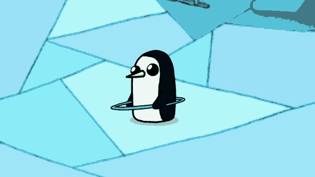 a cartoon penguin with a yellow beak is sitting on a piece of blue ice