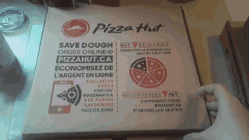 a pizza hut box that says save dough and hut rewards