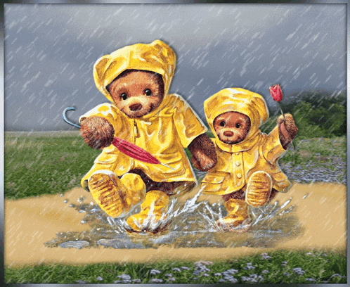 a painting of two teddy bears wearing yellow raincoats and boots in the rain