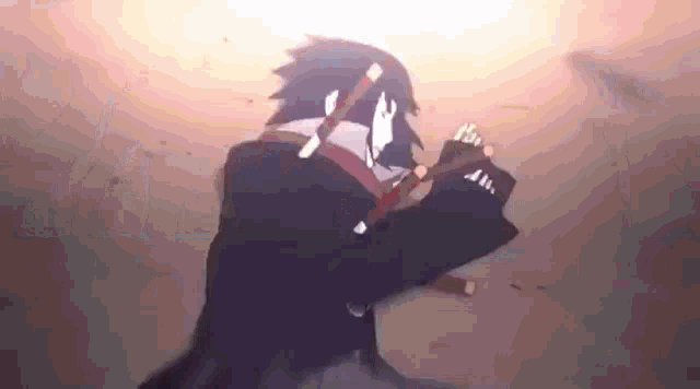 sasuke uchiha from naruto is holding two swords in his hands while standing in the sand .