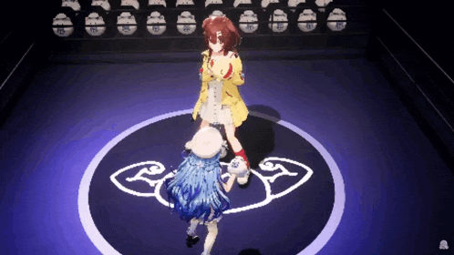 two anime characters are fighting in a ring with a circle with a g on it