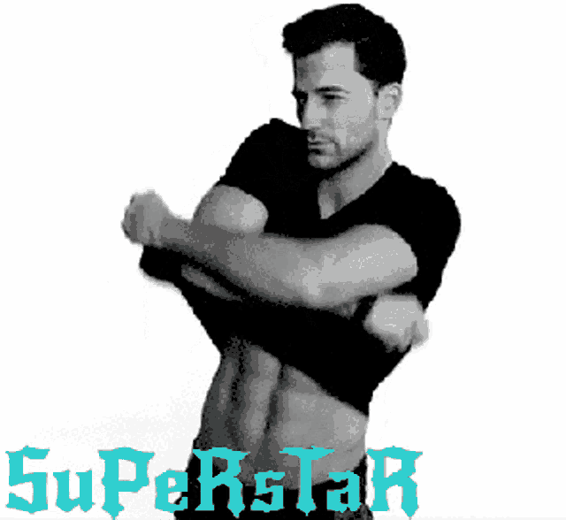 a shirtless man is standing in front of a white background with the word superstar on it