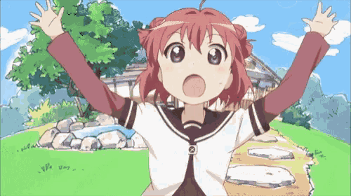 a girl with red hair and purple eyes stands in front of a house