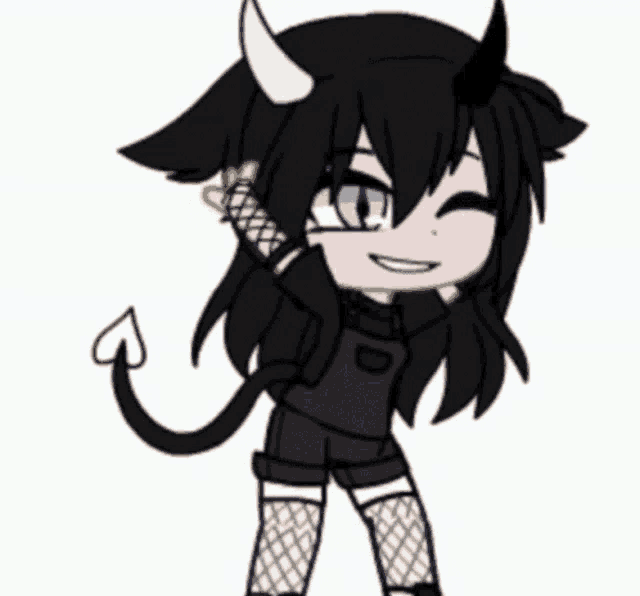 a girl with horns and a tail is wearing overalls and stockings .