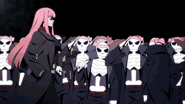 a girl with pink hair stands in front of a group of skeletons wearing purple jackets