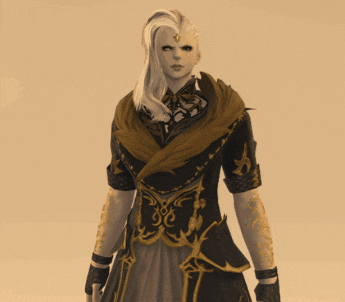a woman with long white hair is wearing a black and gold dress