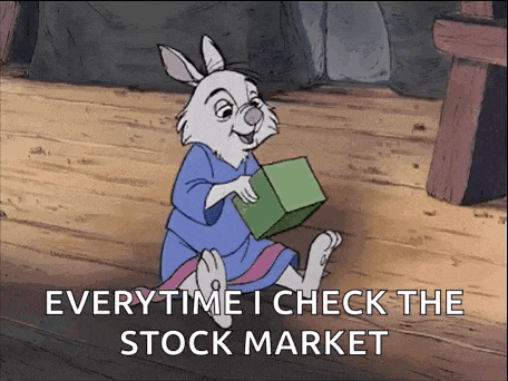 a cartoon rabbit is sitting on the floor holding a green box and saying `` everytime i check the stock market '' .