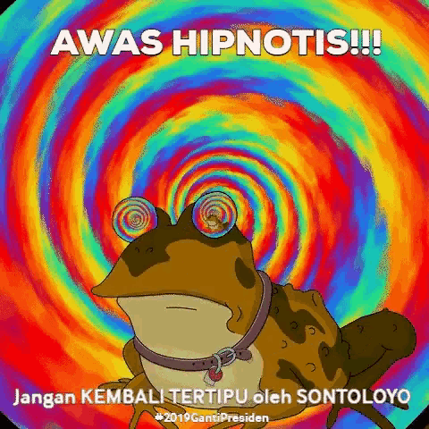 a frog with hypnotic glasses is surrounded by a colorful swirl and says awas hipnotis !!!