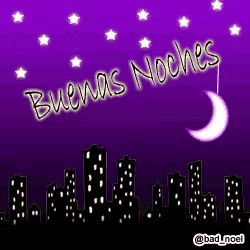 a purple background with the words buenas noches above a city