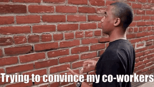 a man standing in front of a brick wall with the words trying to convince my co-workers written below him