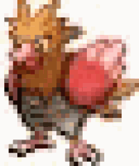 a pixel art drawing of a bird with a red feather on its tail .