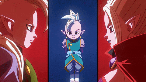 three cartoon characters are standing next to each other and one of them has a blue shirt on