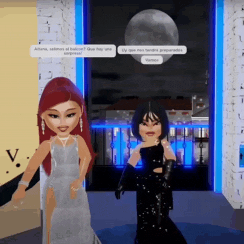 two dolls are standing next to each other in front of a balcony and a full moon