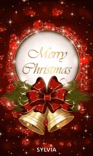 a merry christmas card by sylvia with bells and a bow