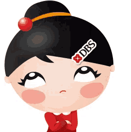 a cartoon character with a dbs sticker on her head