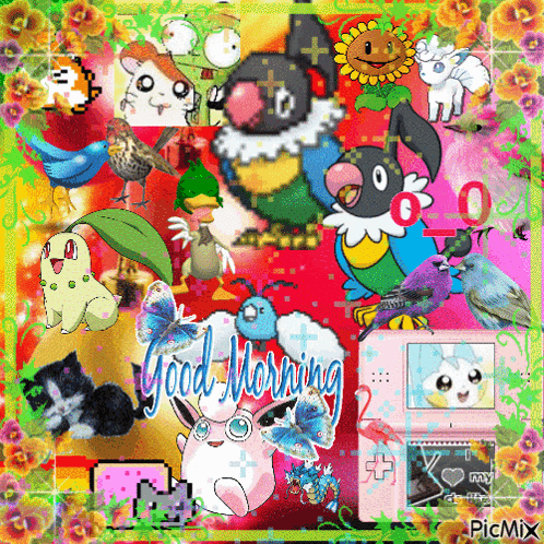 a collage of cartoon characters with the words " good morning " on the bottom