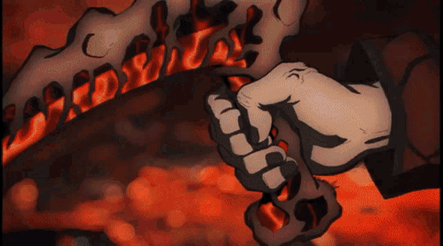 a close up of a person holding a sword in front of a fire