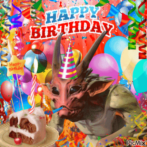 a birthday greeting card with a monster wearing a party hat