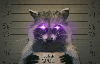 a raccoon with purple eyes holds a sign that says bullish $ pol