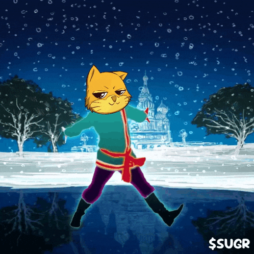 a cartoon drawing of a cat standing in the snow with a sign that says $ sugr