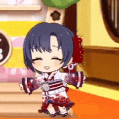 a little girl is dancing in a room in a video game .