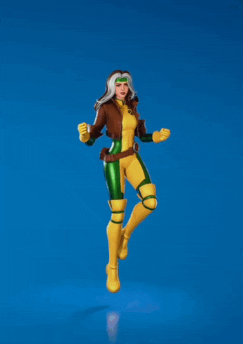a cartoon of rogue flying through the air with purple rays coming out of her