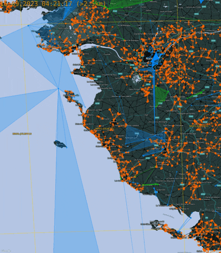a map of france with orange dots and the time of 04:21:17 on it