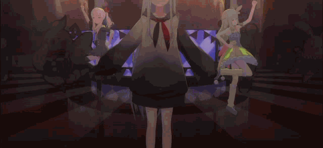 a group of anime characters are dancing on a stage in a video game .