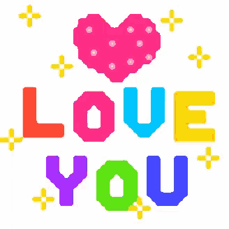 a pixel art of the words love you with a pink heart in the middle