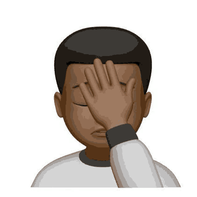 a cartoon boy is covering his face with his hand .