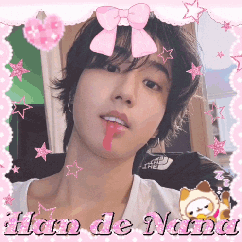 a picture of a boy with a pink bow on his head and the name han de nana on the bottom
