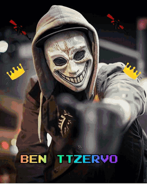 a man wearing a mask and a hoodie has ben ttzervo written below him