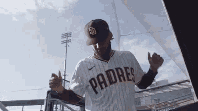 a baseball player is wearing a padres jersey and a hat .