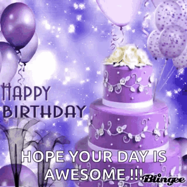 a birthday card with a purple cake and balloons that says happy birthday hope your day is awesome