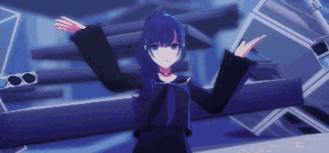 a girl with blue hair is standing in front of a blue background .