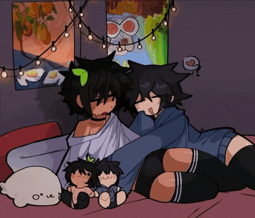 a drawing of a couple laying on a couch with stuffed animals