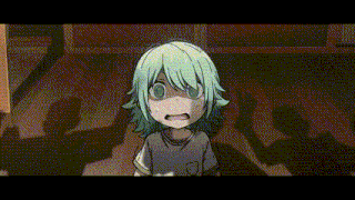 a little girl with green hair is standing in a dark room with a surprised look on her face .