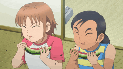 a boy and a girl are eating a slice of watermelon together