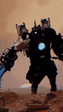 a robot with a light on its head is standing in a desert