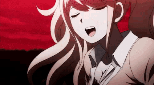 a girl with long hair is standing in front of a red background with her eyes closed and her mouth open .