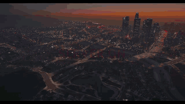 an aerial view of a city with the words " server on " in red