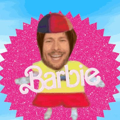 a man in a barbie costume with a pink background