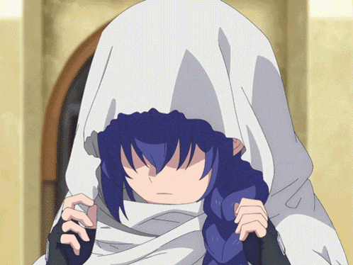 a girl with blue hair is wearing a white blanket over her head