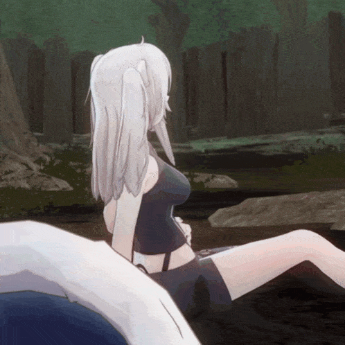 a girl with long white hair is sitting on a rock in the woods