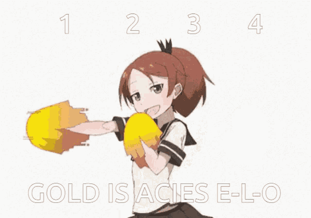 a cartoon girl is cheering with the words gold is aches e-l-o