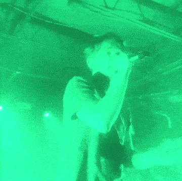 a man is singing into a microphone in a green light