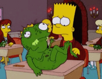 a cartoon of bart simpson holding a green lizard in a classroom