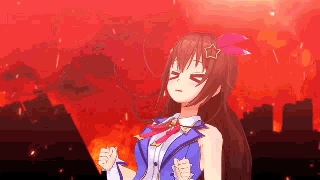 a girl with a star on her head is standing in front of a fire .
